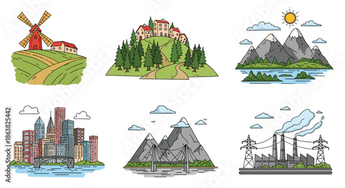 Set of six diverse landscape illustrations including rural windmills a modern city mountains and an industrial factory.