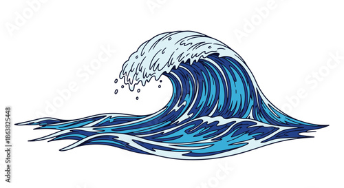 Powerful and dynamic ocean wave illustrated in a traditional Japanese woodblock print style with blue and white water.