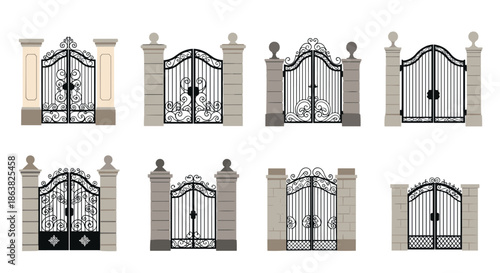 Collection of elegant and ornate vintage wrought iron gates set in stone pillars for a mansion or classic estate entry.