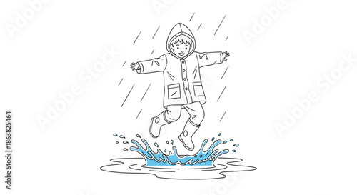 Line art drawing of a happy child wearing a raincoat and boots joyfully jumping and splashing in a puddle of water.