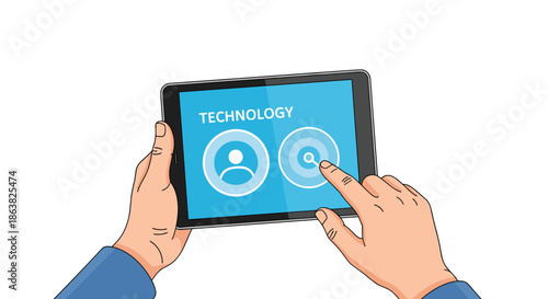 Hand-drawn illustration of hands holding a digital tablet with the word technology and user interface icons on screen.