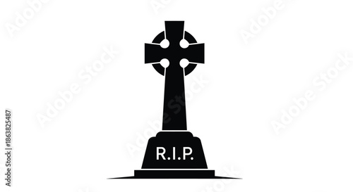 A black silhouette of a Celtic cross tombstone with the inscription R I P for a graveyard memorial on a white background.