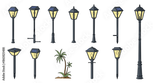 A collection of various classic and modern solar-powered street lamps and garden lights isolated on a clean white background.