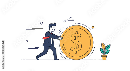A young businessman pushing a large gold dollar coin symbolizes the effort required for financial success and economic growth.