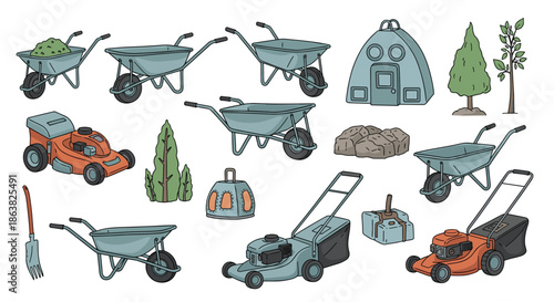 Large doodle collection of various gardening and landscaping equipment including lawnmowers wheelbarrows and greenhouses.