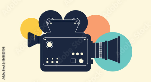 A dark blue silhouette of a retro movie camera used for filmmaking and cinema production against a background of colorful circles.