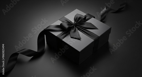 Elegant black gift box with satin ribbon and bow on dark background perfect for luxury presents and special occasions celebration or holiday gifting