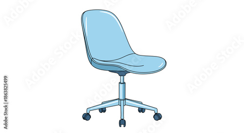 Modern light blue office chair illustration with a sleek ergonomic design wheels for mobility and an adjustable height.