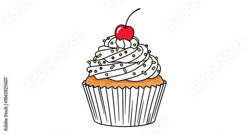 A delicious cupcake with whipped cream frosting colorful sprinkles and a cherry on top drawn in a cute cartoon line art style.