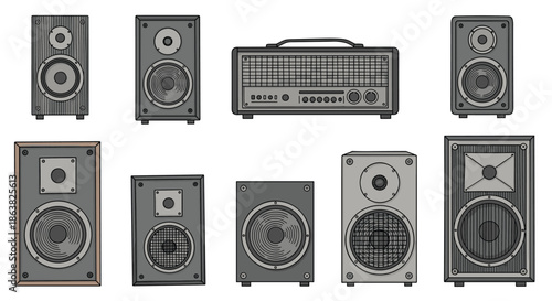 A collection of retro audio speakers and a guitar amplifier illustrated in a detailed vintage hand-drawn line art style.
