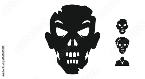 A scary black silhouette of a zombie's decaying face with glowing eyes which is perfect for a spooky halloween icon set.