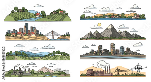 A collection of various landscape scenes including cities mountains and industrial areas drawn in a clean line art style.