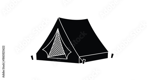 A simple black silhouette icon of a classic A-frame tent for camping and outdoor adventures in a minimalist graphic style.
