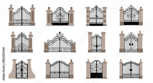 A large collection of elegant and ornate wrought iron gates with stone pillars in various classic and vintage designs.