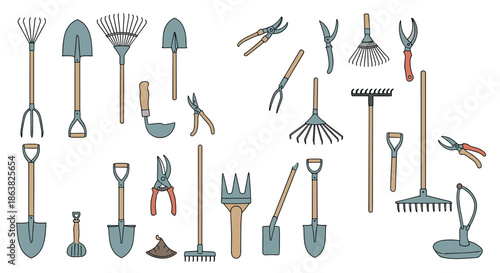 A large doodle set of various essential gardening tools including shovels rakes and pruners in a colorful cartoon style.