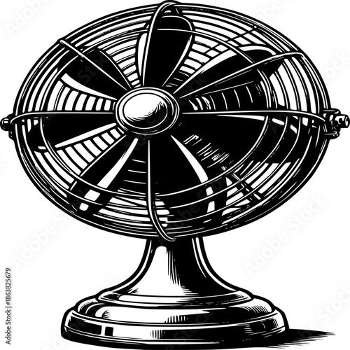 Vintage electric metal fan isolated on a black background in retro style