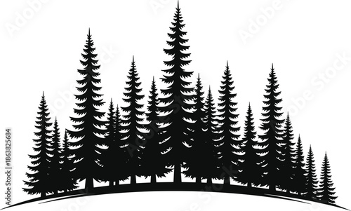 Silhouette, forest, pine trees, coniferous woodland, nature, hill, slope, evergreen, black and white, landscape, wilderness, symmetry, artistic, illustration, stylized, dense forest