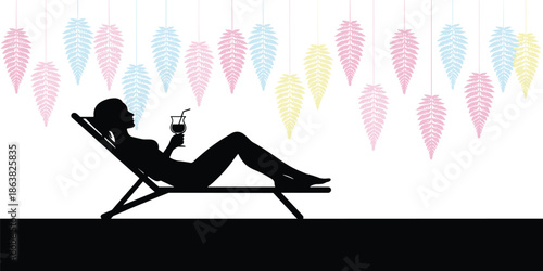 Silhouette, lounge chair, tropical drink, pastel leaves, vacation mood, outdoor relaxation, peaceful moment, black and white, umbrella straw, serene, expressive, symbolic, leisure, summer vibe