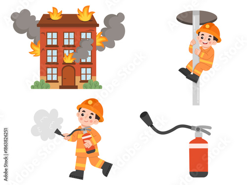 Illustration of a set of fire extinguishers and tools