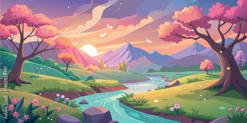 Whimsical Spring Landscape with Pink Cherry Blossoms and Winding River