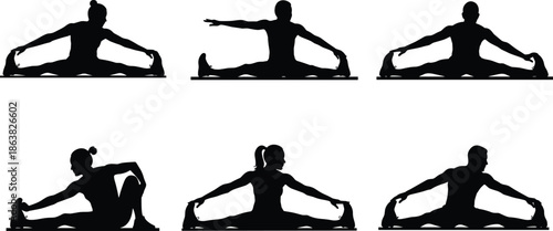 Seated stretching silhouettes, yoga poses, hamstring flexibility, mat exercise, wellness routine, posture variation, fitness concept, black vector, body movement, calm