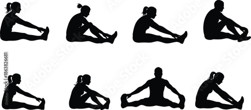 Seated stretching, fitness silhouette, hamstring exercise, inner thigh stretch, flexibility pose, warm-up routine, black figure, yoga, health, workout