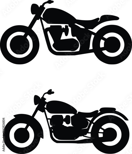 Stylized black silhouette of a motorcycle and a vintage bike design