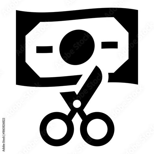 Cost control icon, symbolizing budget reduction, saving, or cutting expenses with scissors and money, solid style.