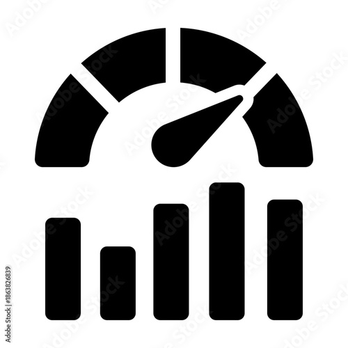 Performance meter icon, symbolizing speed, efficiency, and progress with bars and gauge, solid style.