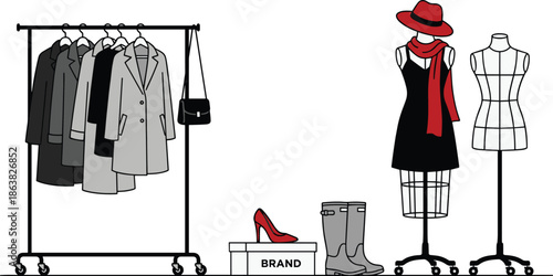Fashion display, clothing rack, stylish garments, dress forms, apparel mockup, retail setup, accessories showcase, wardrobe styling, flat vector illustration