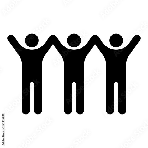 Teamwork icon, symbolizing collaboration, unity, and group achievement with three people holding hands, solid style.