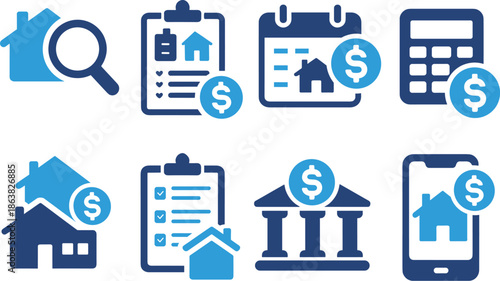 Set of 8 blue real estate finance icons vector