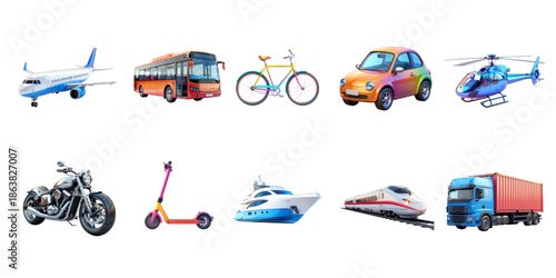 Set of colorful 3D transportation icons isolated on white background, including airplane, bus, bicycle, car, helicopter, motorcycle, scooter, yacht, train, and cargo truck.