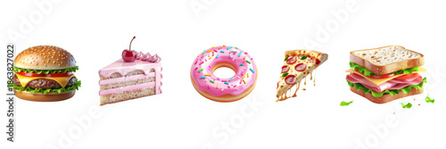 3D cartoon pastel food icon set featuring burger, cake slice, donut, pizza slice, and sandwich, isolated on white background, cute minimal style for menu and food concept.