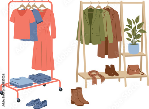 Clothing rack setup, fashion display, wardrobe organization, apparel collection, retail mockup, vector illustration, flat design, flat vector illustration