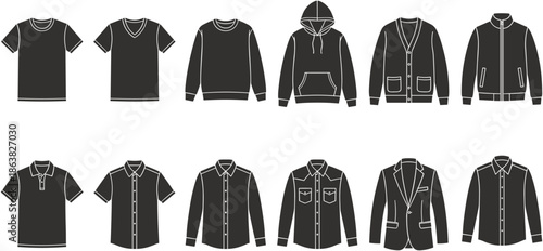 Clothing icons, fashion tops, apparel styles, shirt types, outerwear vector, wardrobe elements, flat design, fashion illustration, flat vector illustration