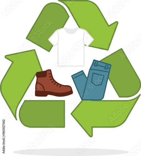 Clothing recycling symbol, sustainable fashion, eco-friendly apparel, green lifestyle, reuse garments, vector illustration, flat design, flat vector illustration