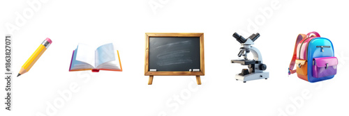 Set of colorful 3D education icons isolated on white background featuring pencil, open book, chalkboard, microscope, and backpack, representing learning tools, school activities, and academic concepts