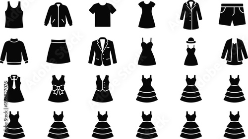 Clothing silhouettes, fashion icons, apparel styles, wardrobe elements, vector illustration, flat design, outfit types, fashion mockup, flat vector illustration
