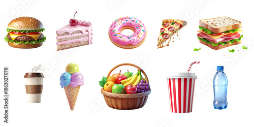 3D cartoon pastel food and drink icon set including burger, cake slice, donut, pizza slice, sandwich, coffee cup, ice cream, fruit basket, soda cup, and water bottle, isolated on white background.