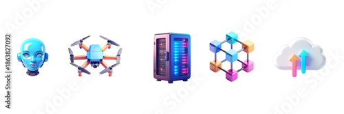 Set of colorful 3D technology icons isolated on white background, featuring AI head, drone, server rack, blockchain network, and cloud upload, representing modern digital and innovation concepts.