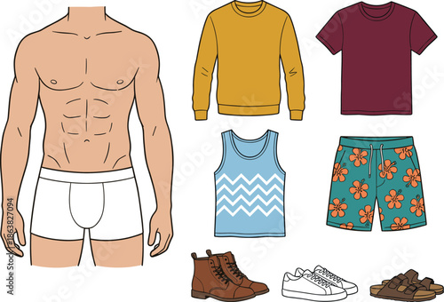 Dress-up male figure, clothing options, outfit combinations, fashion illustration, casual wear, vector design, flat style, flat vector illustration