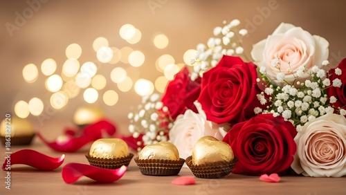 Valentine's Day background with red and pink roses bouquet and gold chocolates. Romantic love concept with scattered petals and warm bokeh lights. Wedding anniversary floral gift composition.