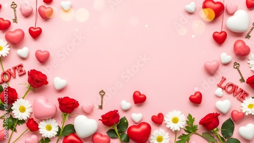 Valentine's Day background with red roses, white daisies and hearts on pink. Romantic love frame with vintage keys and copy space. Flat lay floral border for wedding or greeting card.