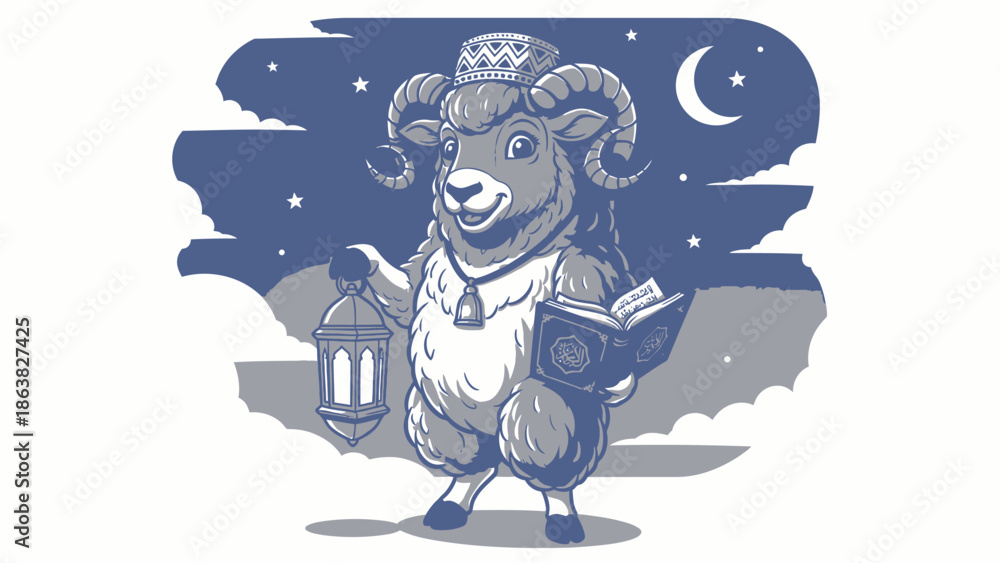 Fototapeta premium Ram with lantern and book under starry night sky