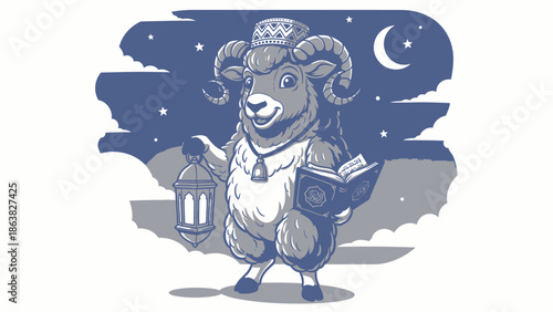 Ram with lantern and book under starry night sky