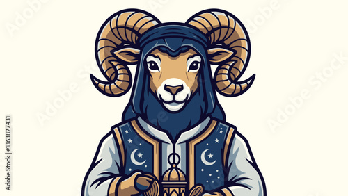 cartoon ram in hood and vest holding lantern