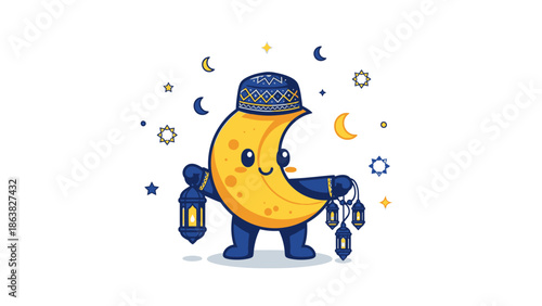 cartoon moon character with lanterns and islamic hat