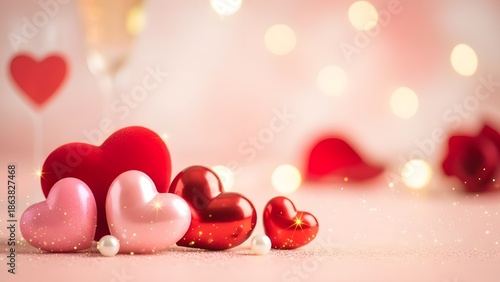 Romantic Valentine's Day background with red velvet and glossy pink hearts. Soft bokeh lights and champagne glasses. Love concept for greeting card with copy space.
