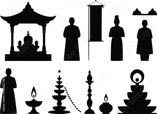 Black silhouettes of traditional asian architecture figures and religious objects